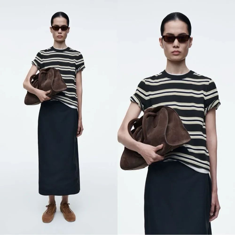NEW COS CLEAN CUT REGULAR T-SHIRT in Beige/navy stripe